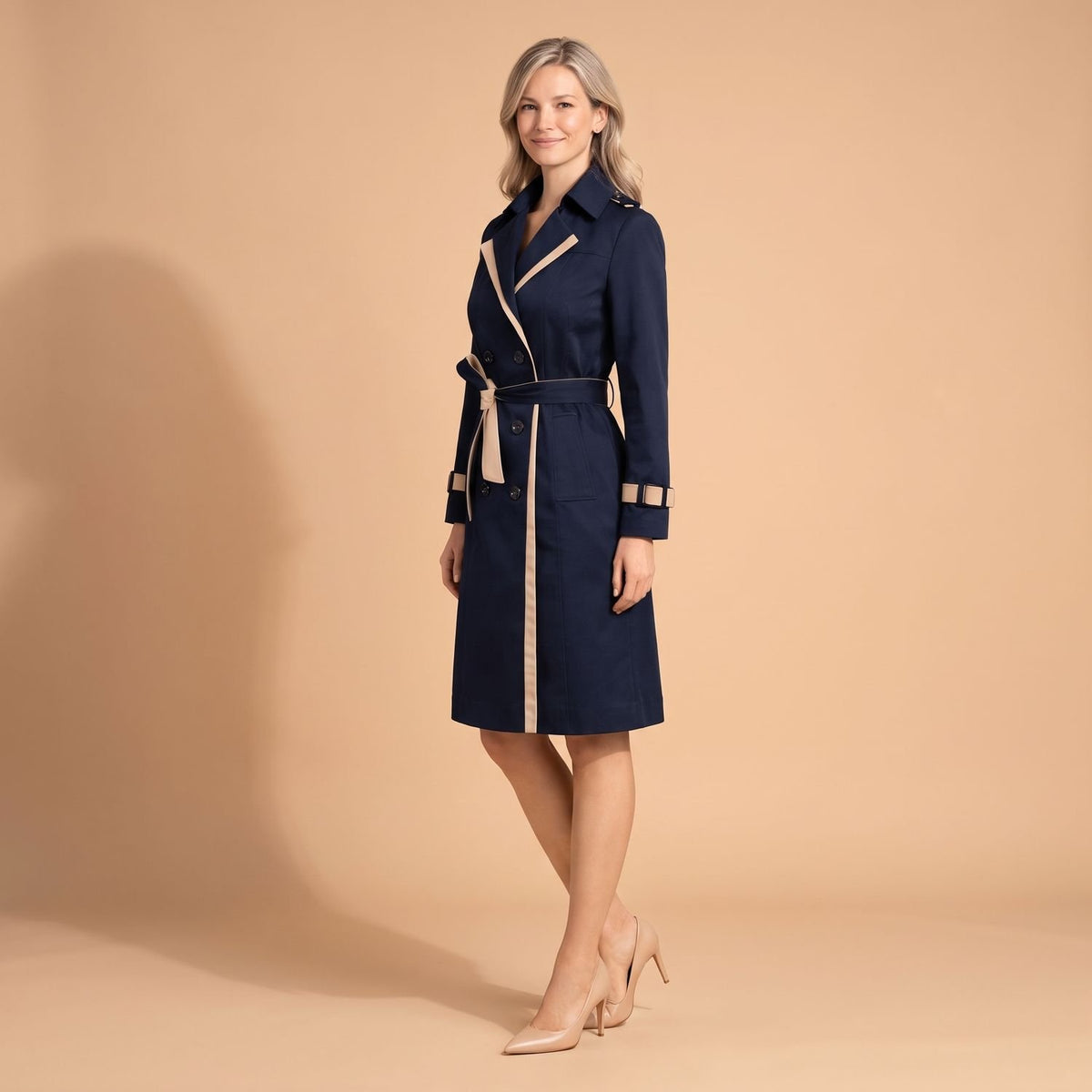 Women's Double-Breasted Belted Trench Coat Navy Trim