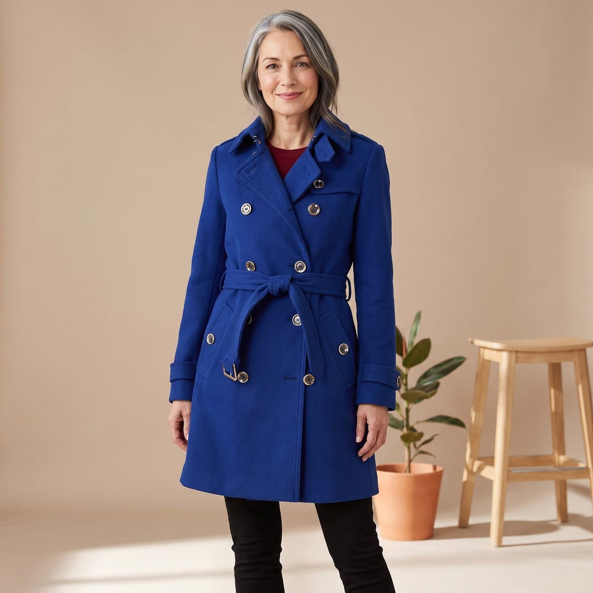 Women's Double-Breasted Belted Wool Blend Trench Coat