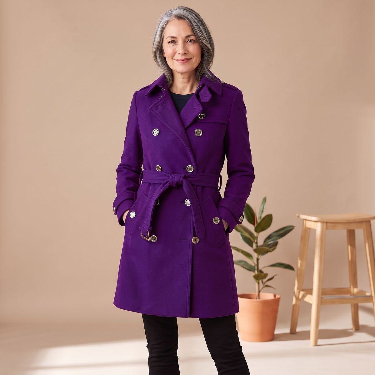 Women's Double-Breasted Belted Wool Blend Trench Coat - Purple