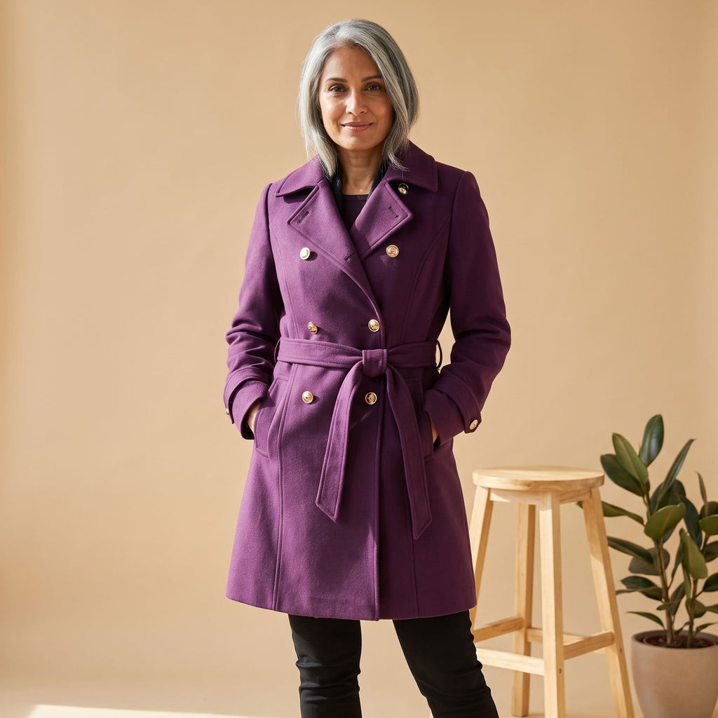 Women's Double-Breasted Belted Wool Blend Trench Coat