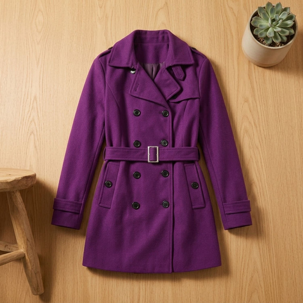 Women's Double-Breasted Belted Wool Blend Trench Coat