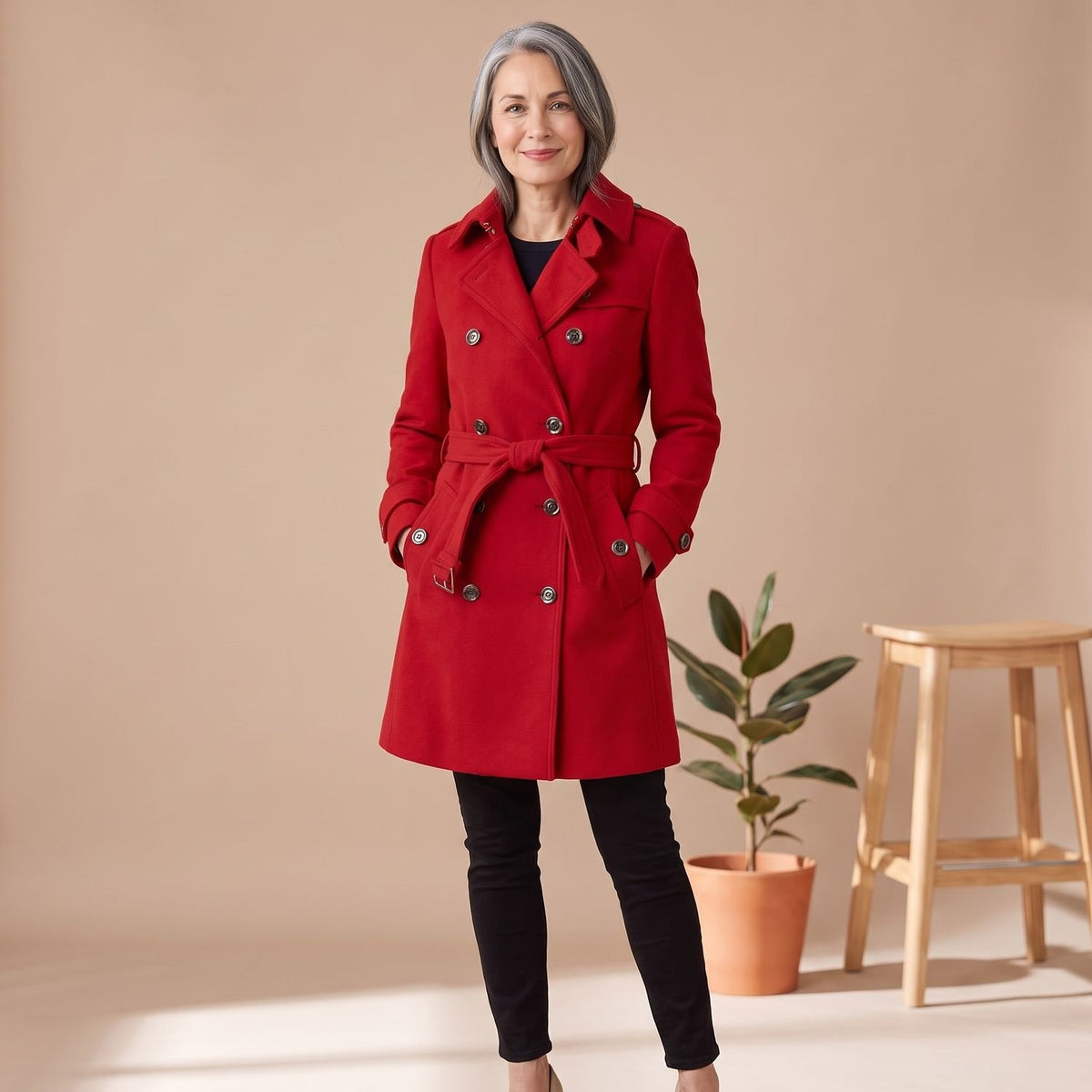 Women's Double-Breasted Belted Wool Blend Trench Coat