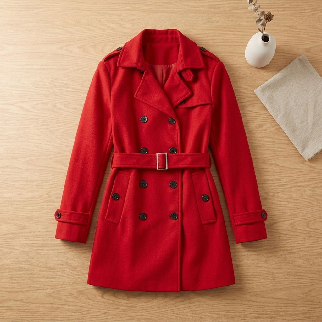 Women's Double-Breasted Belted Wool Blend Trench Coat