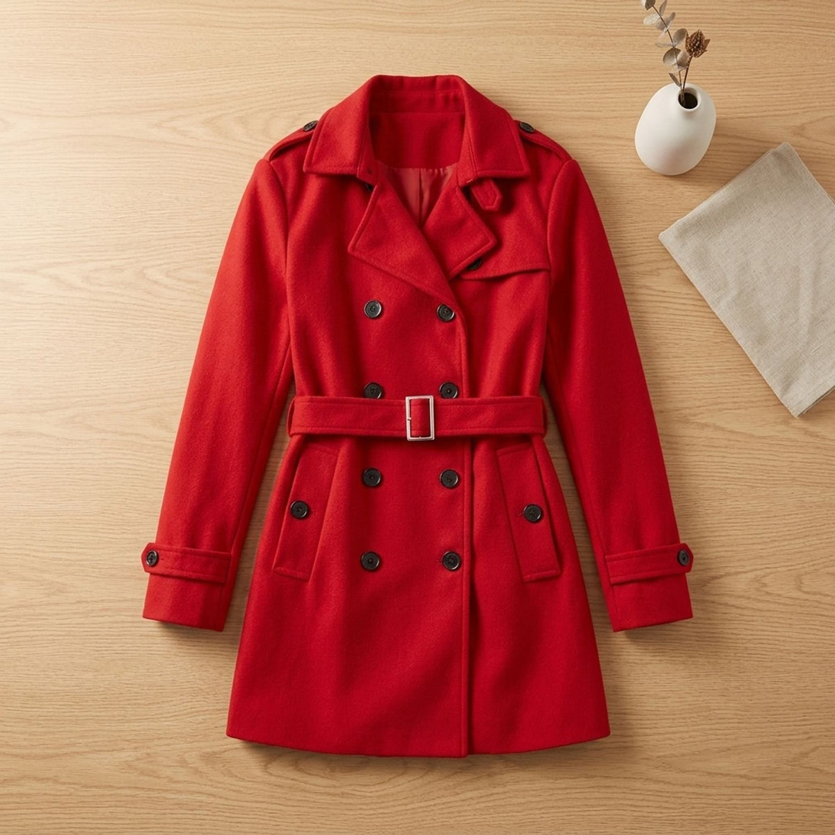 Women's Double-Breasted Belted Wool Blend Trench Coat