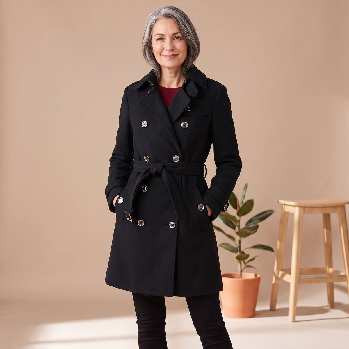 Women's Double-Breasted Belted Wool Blend Trench Coat