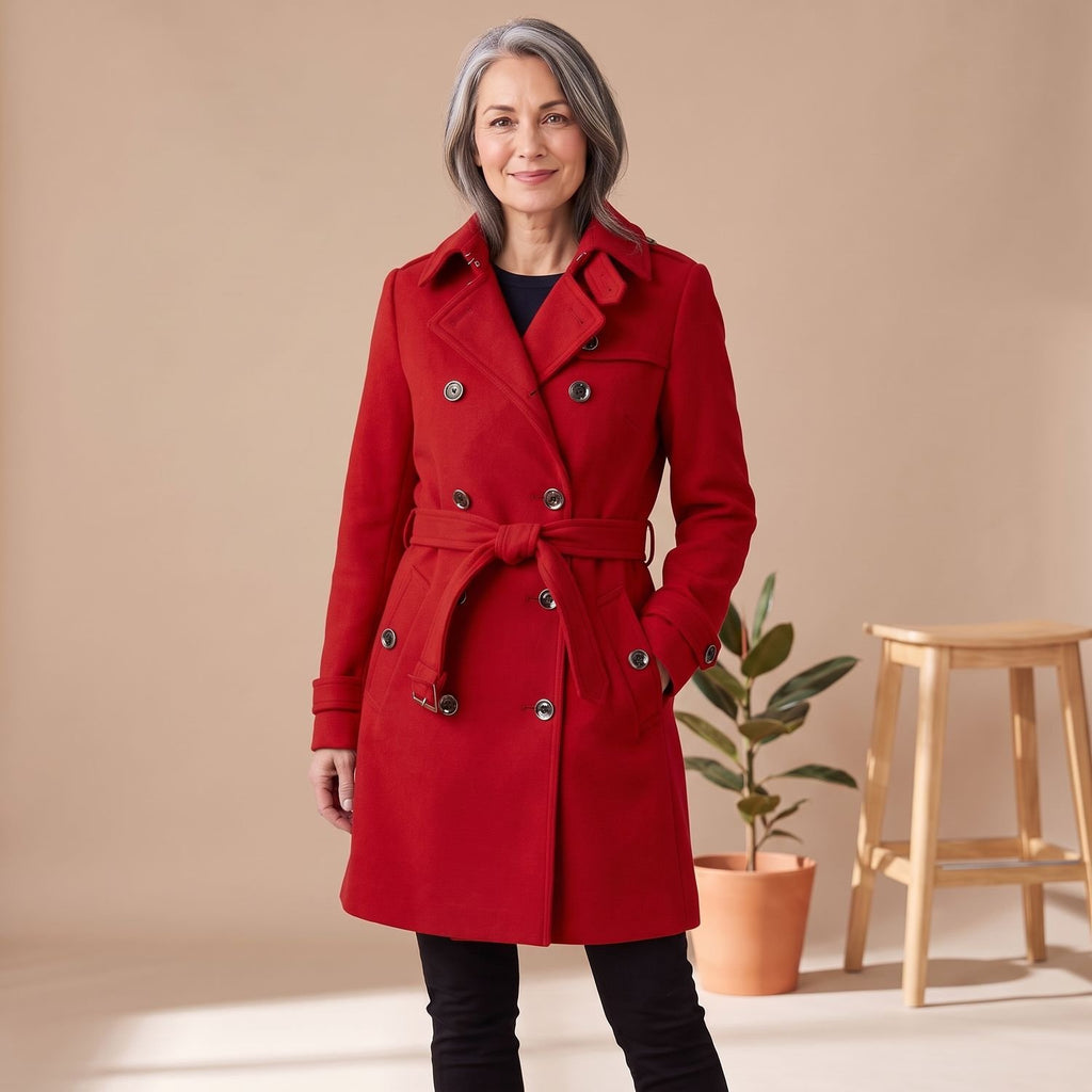 Women's Double-Breasted Belted Wool Blend Trench Coat - Red