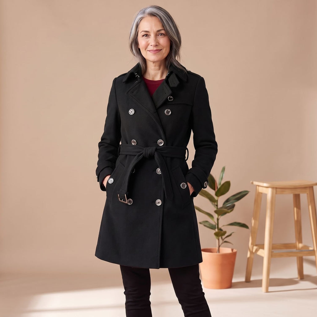 Women's Double-Breasted Belted Wool Blend Trench Coat - Black