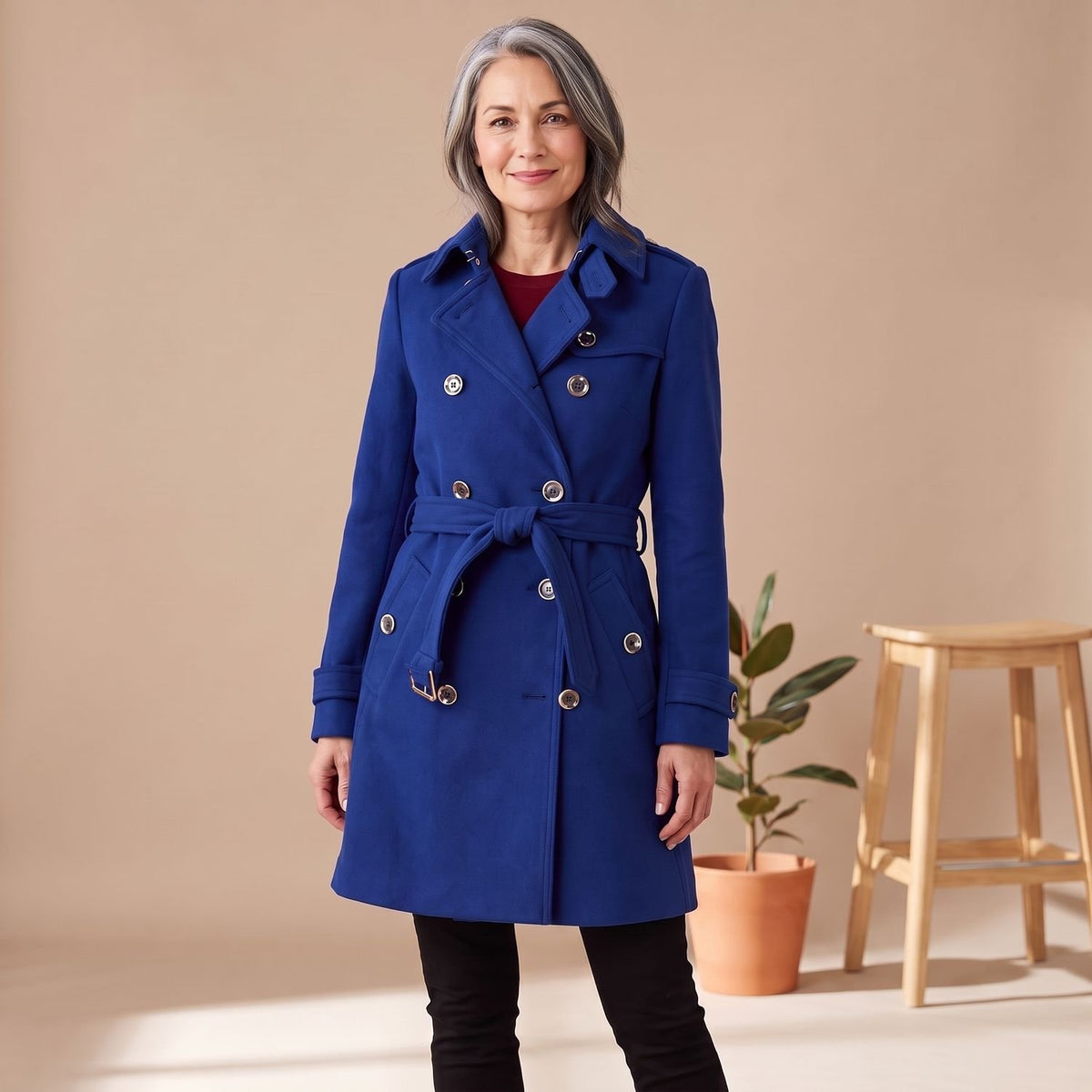 Women's Double-Breasted Belted Wool Blend Trench Coat - Blue