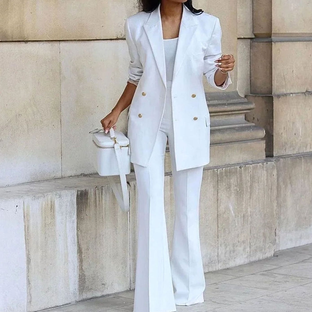 Women's Double-Breasted Blazer Flared Pants Suit Set - White