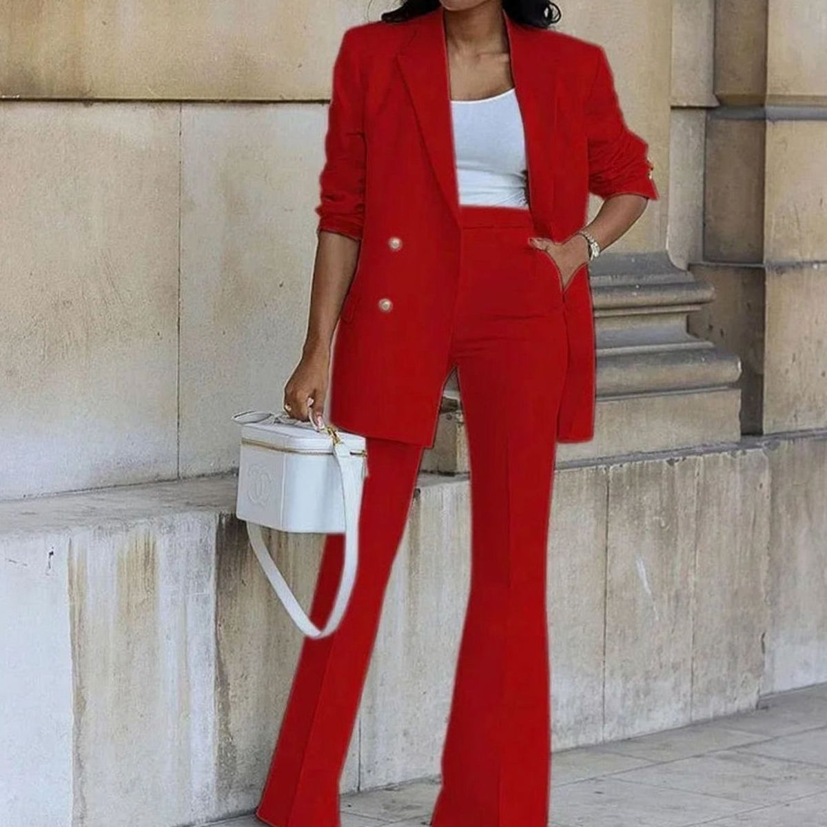 Women's Double-Breasted Blazer Flared Pants Suit Set - Red