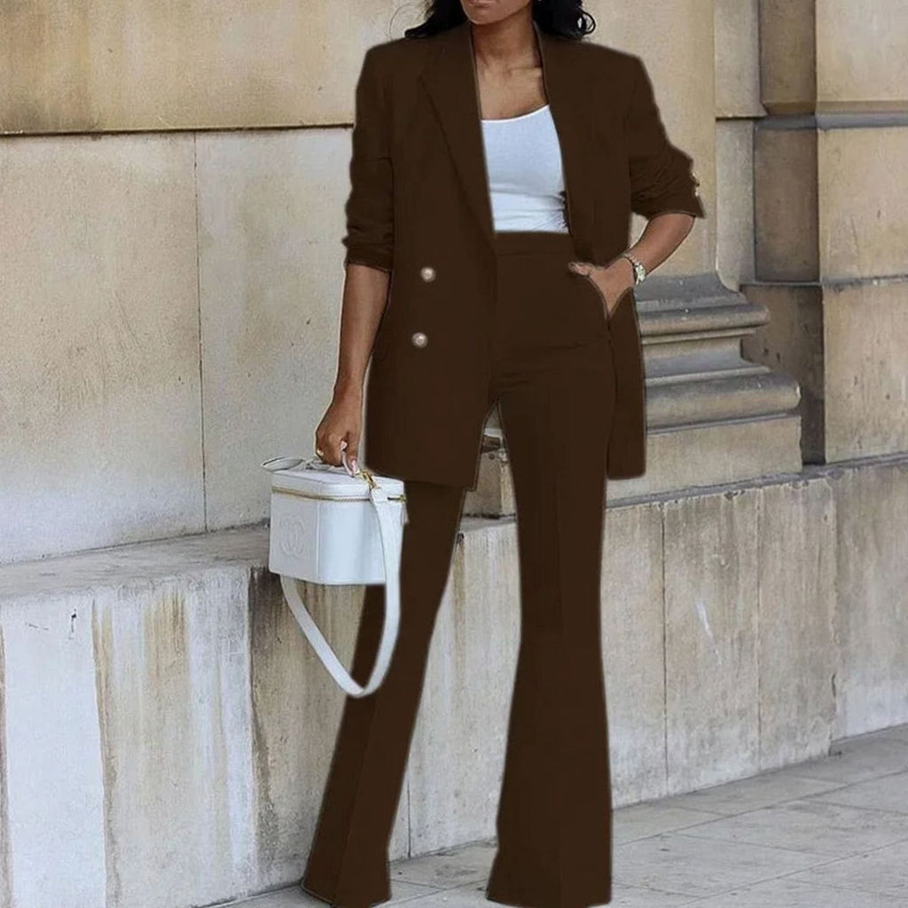 Women's Double-Breasted Blazer Flared Pants Suit Set - Coffee