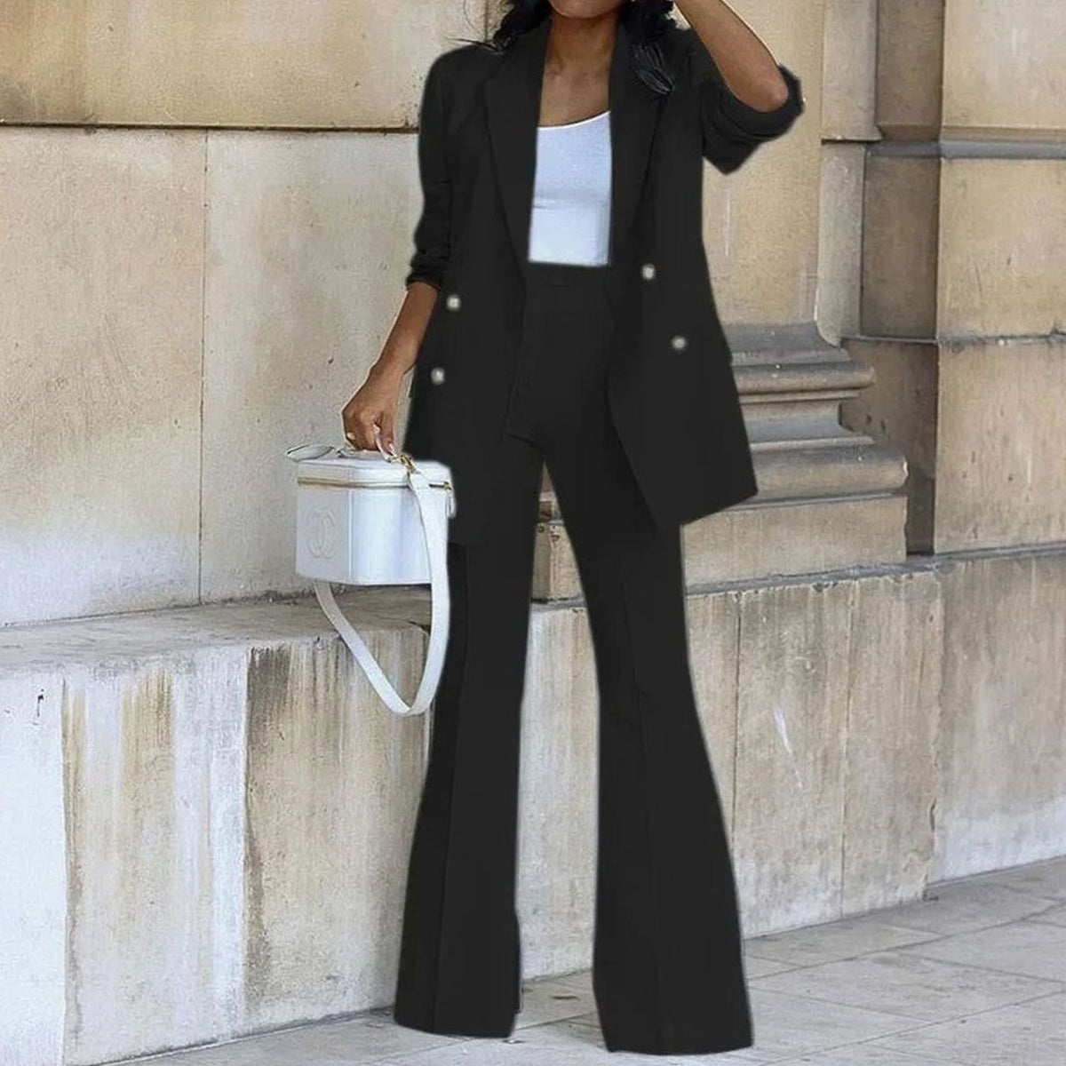 Women's Double-Breasted Blazer Flared Pants Suit Set - Black