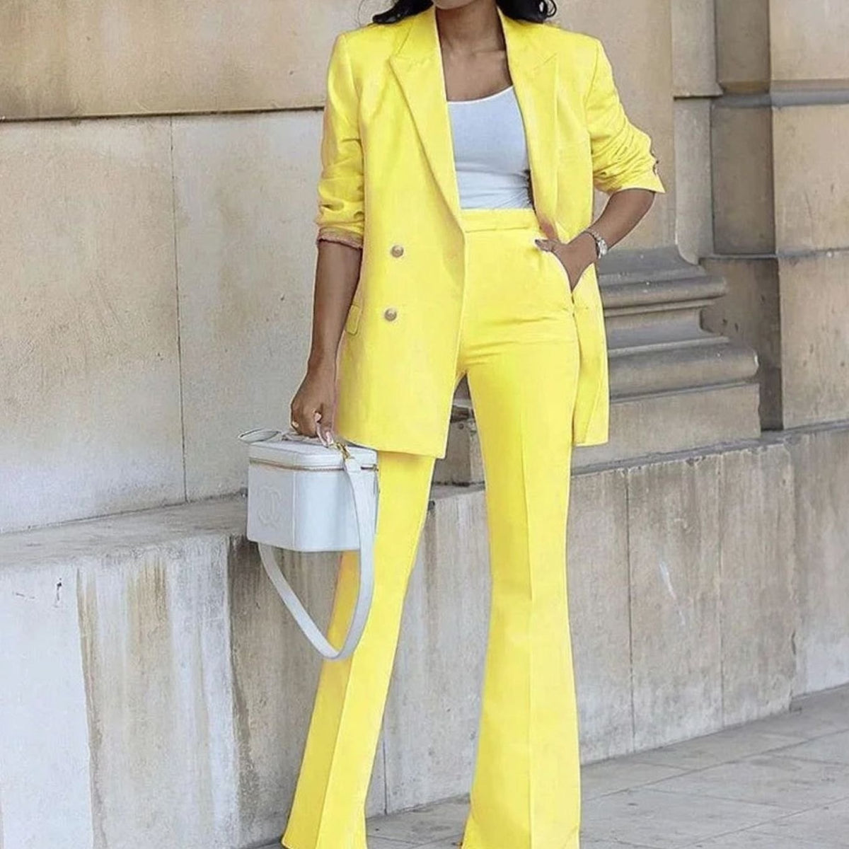 Women's Double-Breasted Blazer Flared Pants Suit Set - Yellow