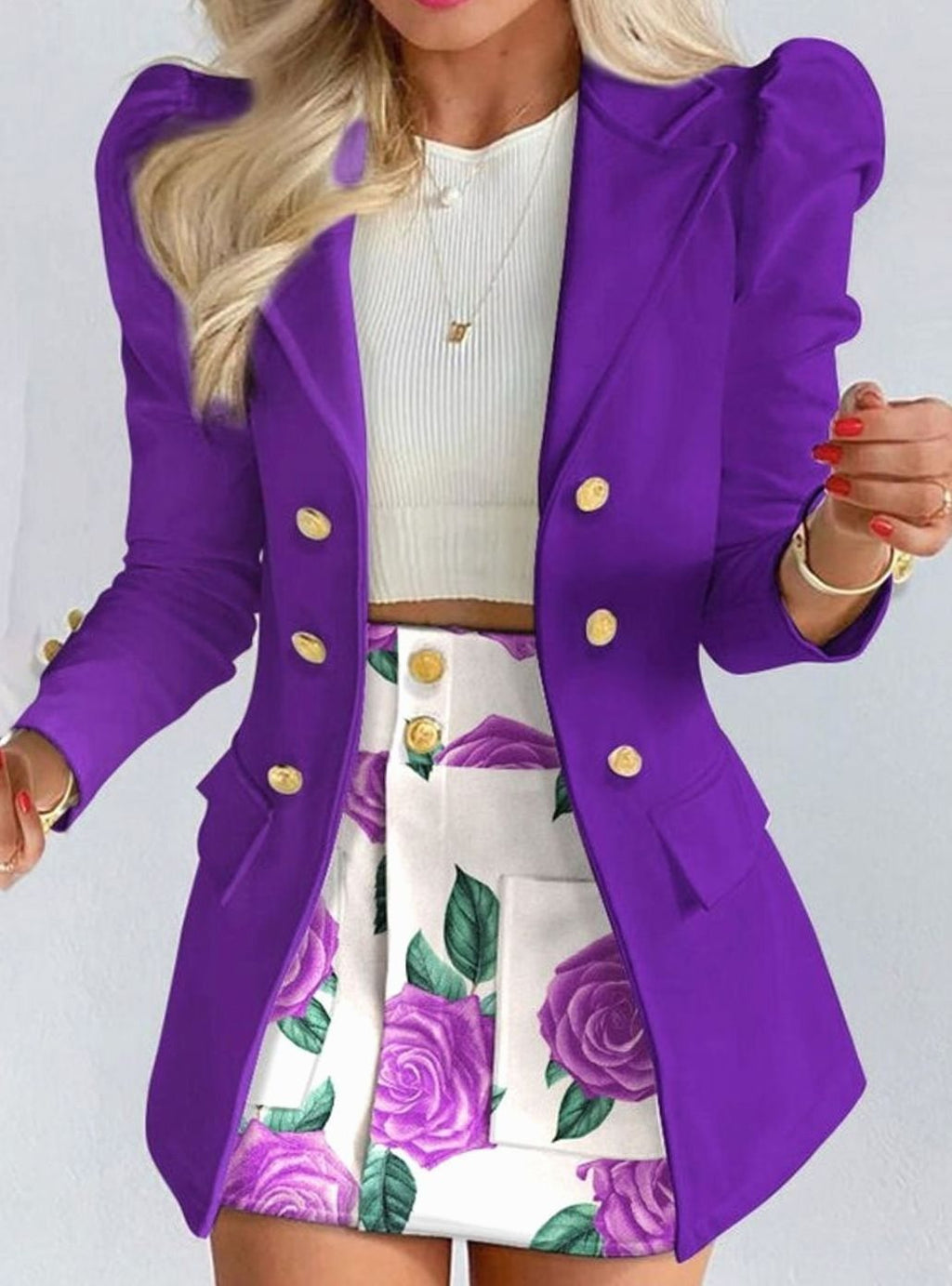 Women's Double-Breasted Blazer Floral Skirt Two Piece Set - Purple