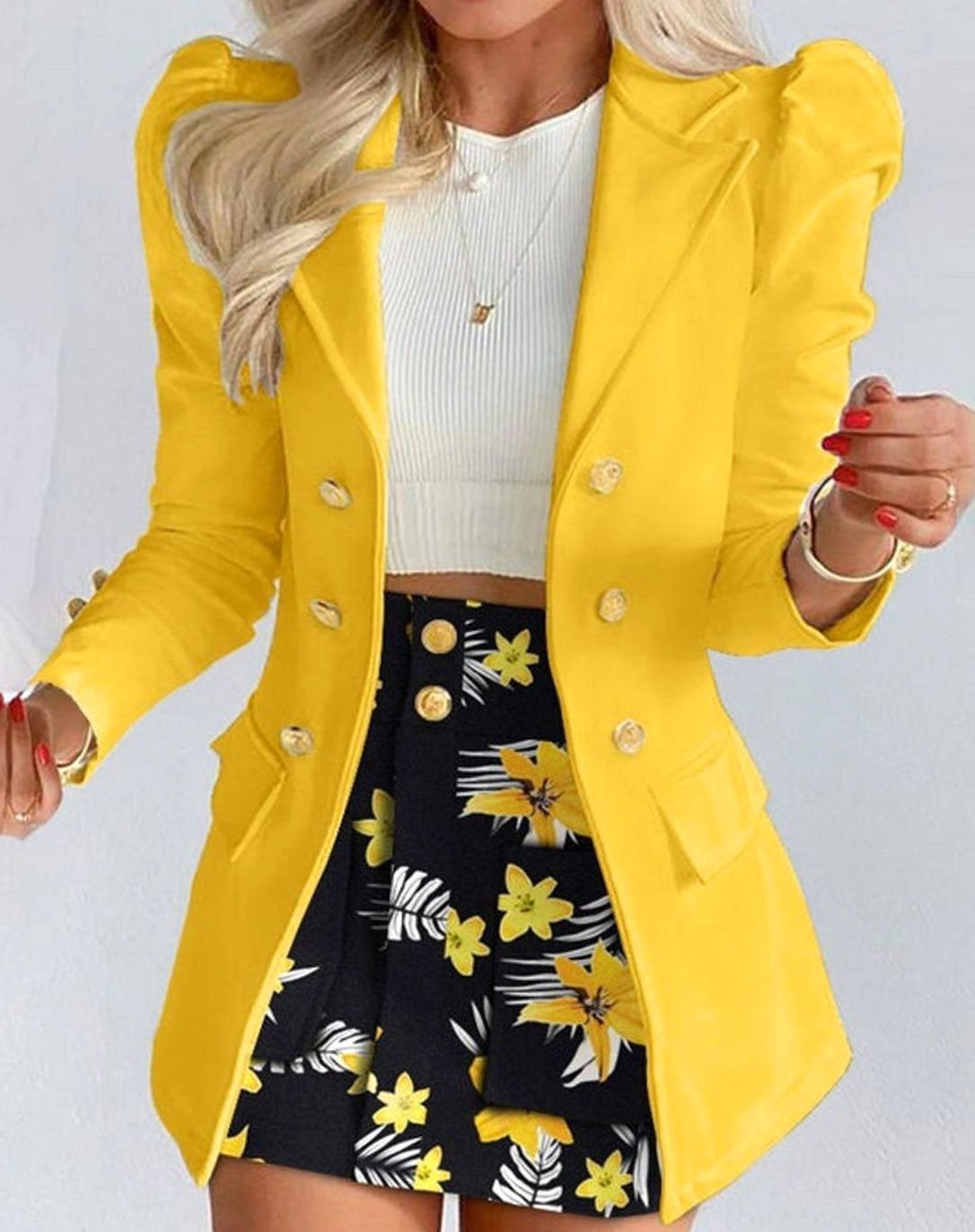 Women's Double-Breasted Blazer Floral Skirt Two Piece Set - Yellow