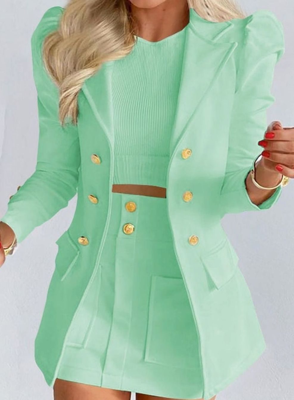 Women's Double-Breasted Blazer Floral Skirt Two Piece Set - Light Green