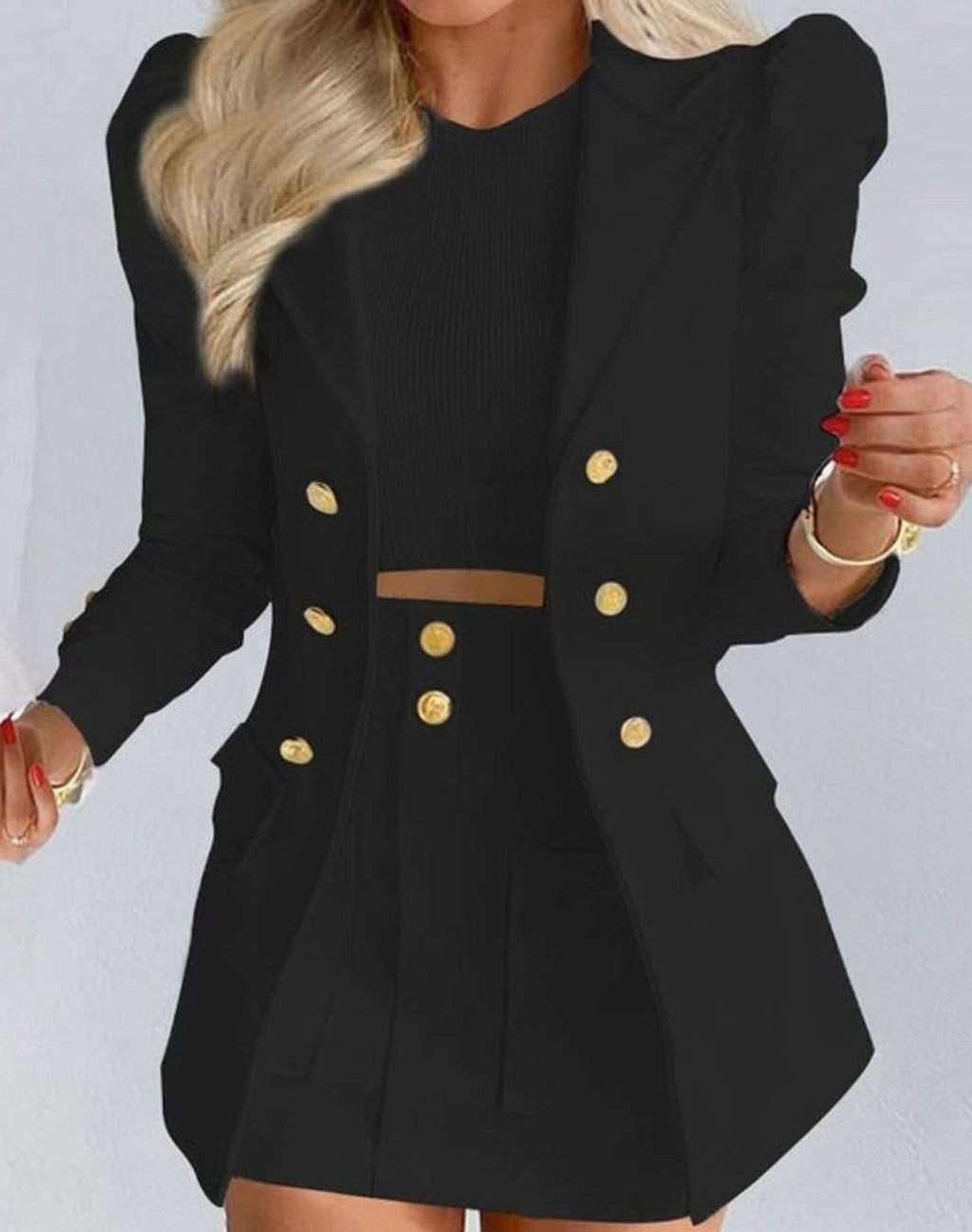 Women's Double-Breasted Blazer Floral Skirt Two Piece Set - Black
