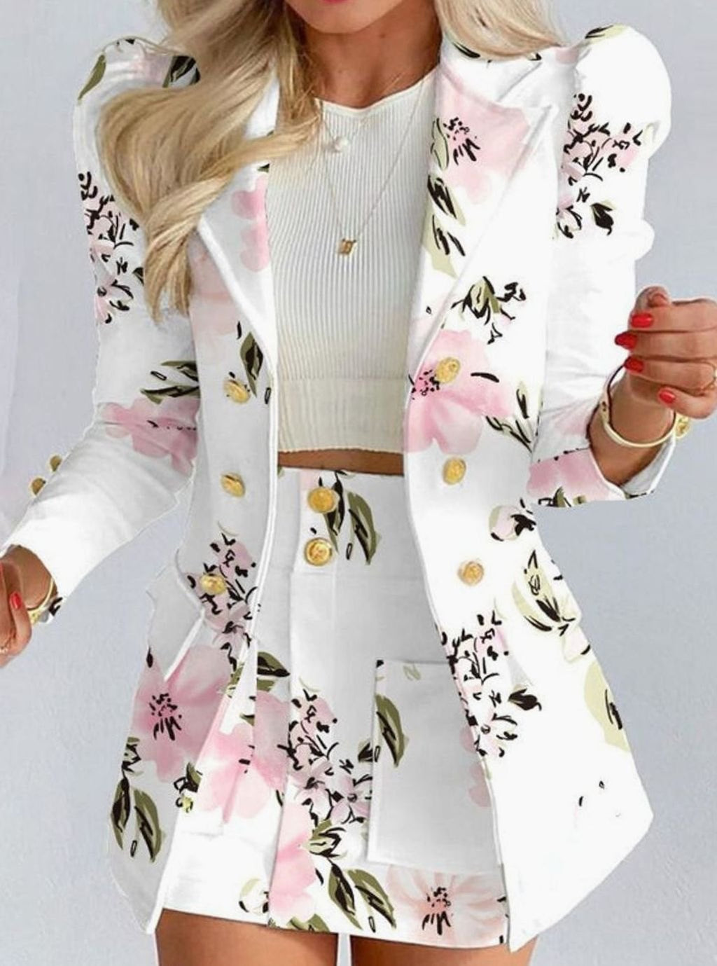 Women's Double-Breasted Blazer Floral Skirt Two Piece Set - White - Floral