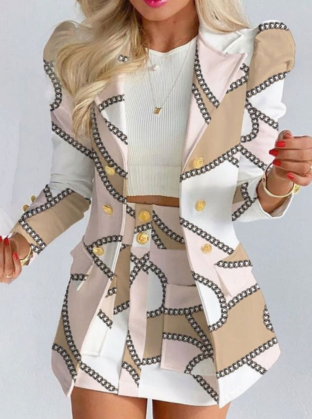 Women's Double-Breasted Blazer Floral Skirt Two Piece Set - White - Chains