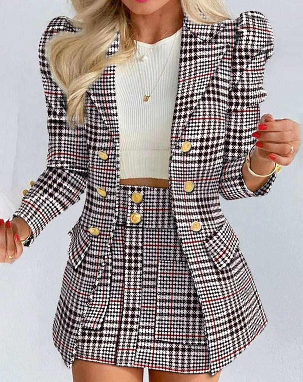 Women's Double-Breasted Blazer Floral Skirt Two Piece Set - Black - Plaid