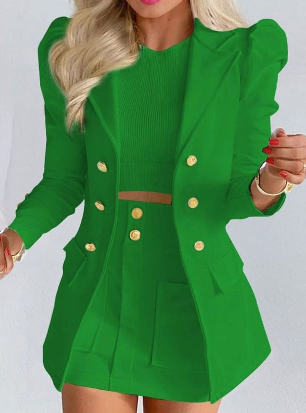 Women's Double-Breasted Blazer Floral Skirt Two Piece Set - Green