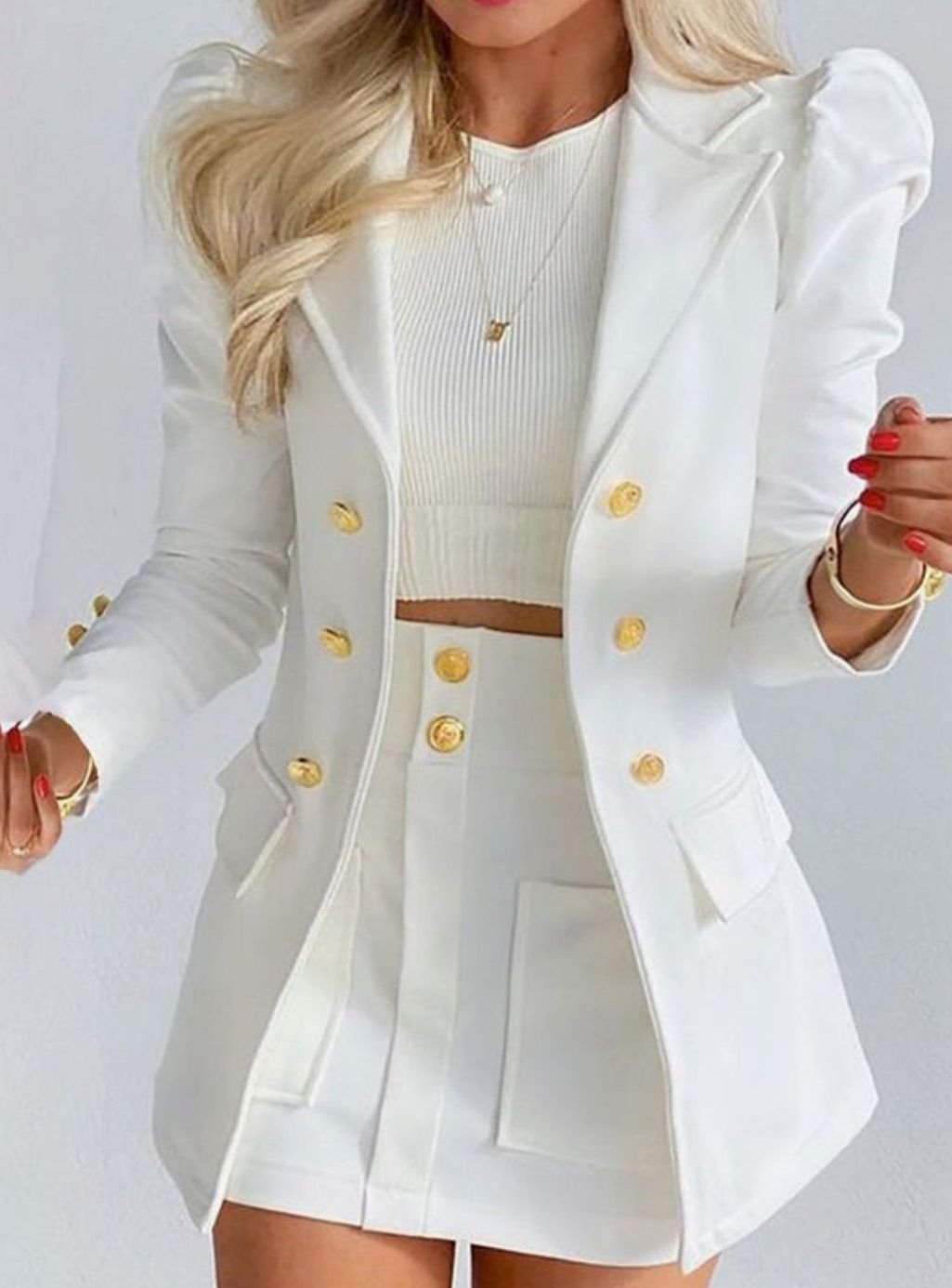 Women's Double-Breasted Blazer Floral Skirt Two Piece Set - White