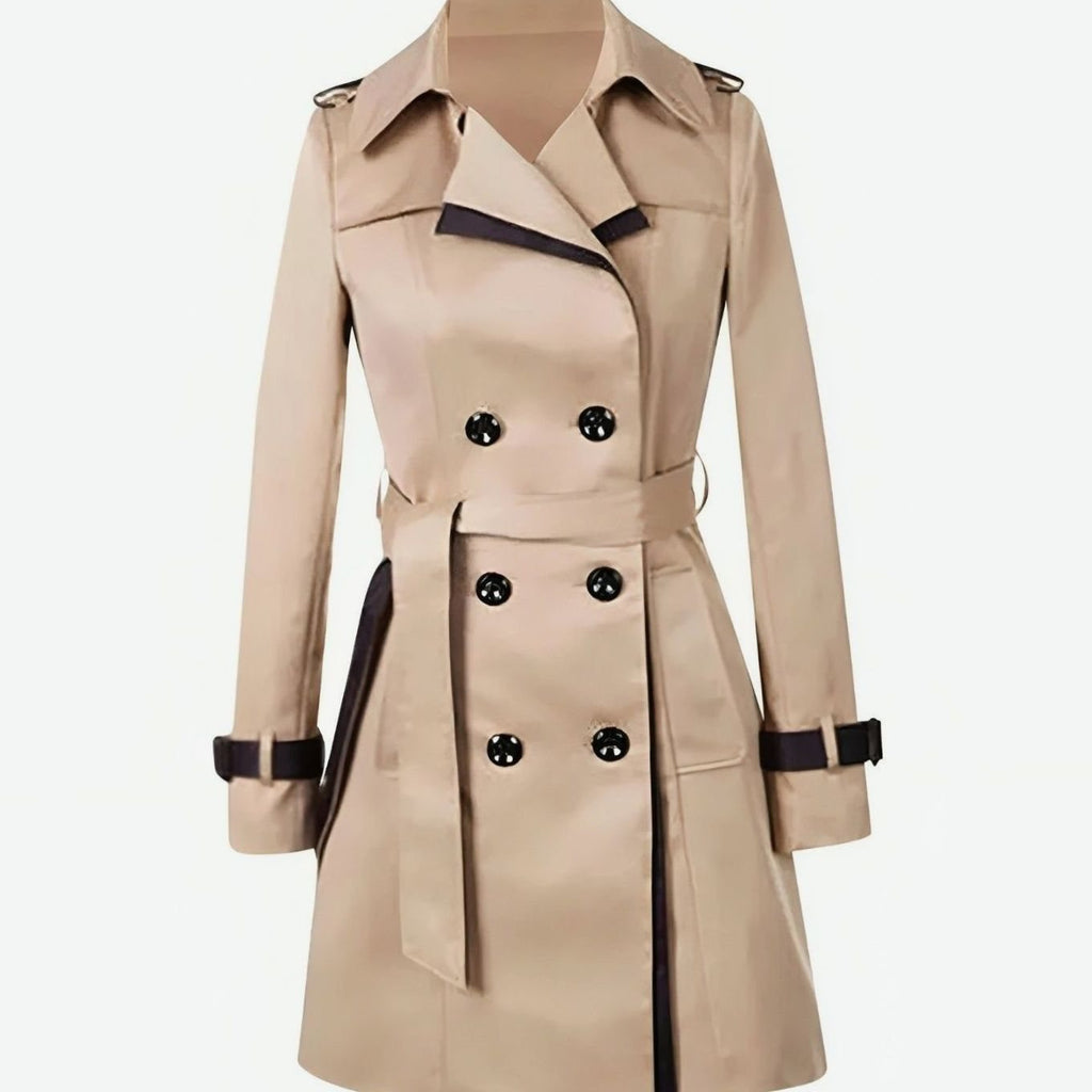 Women's Double-Breasted Contrast-Trim Tailored Trench Coat - Khaki