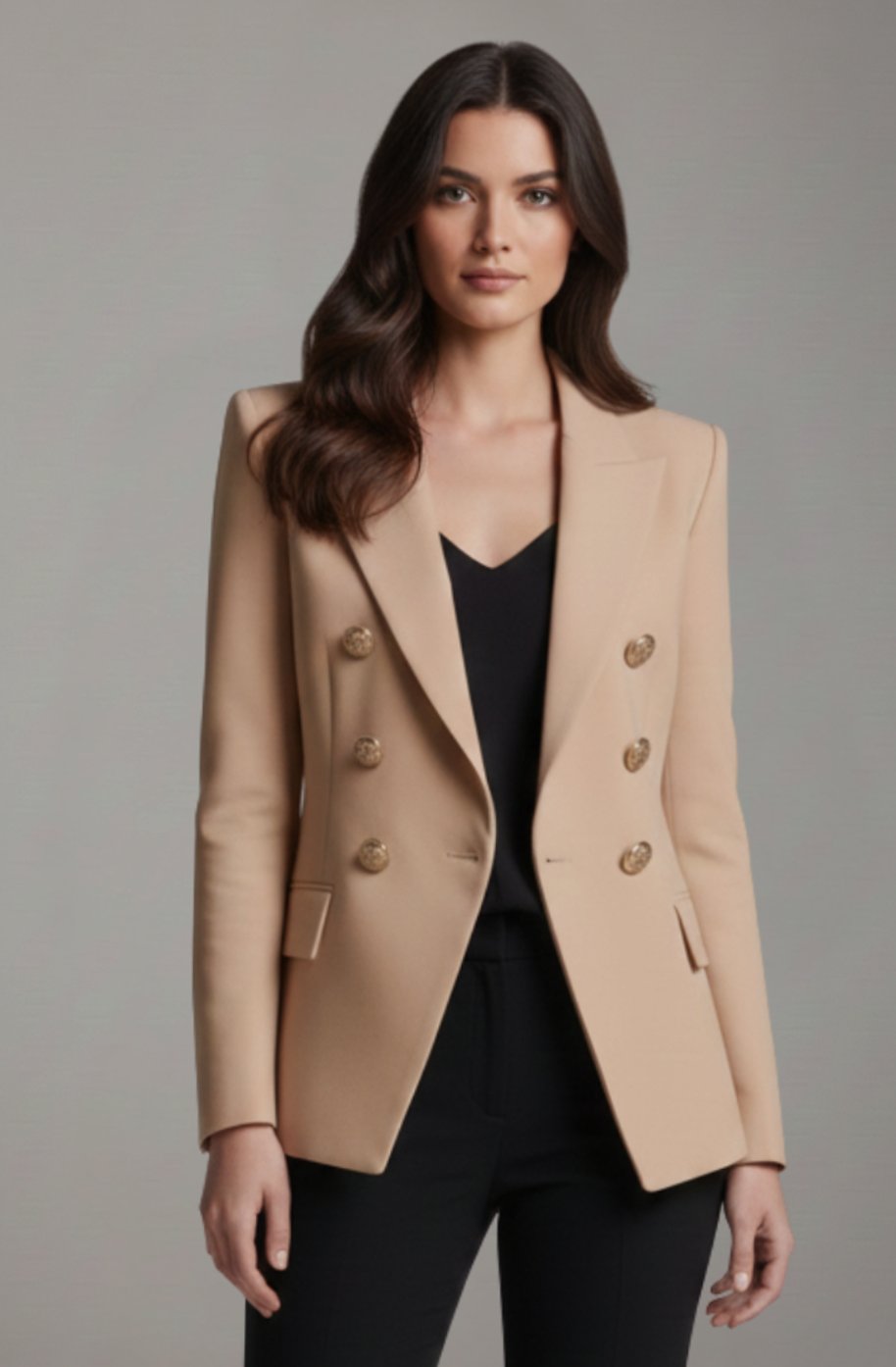 Women's Double-Breasted Gold-Tone Button Tailored Blazer - Khaki