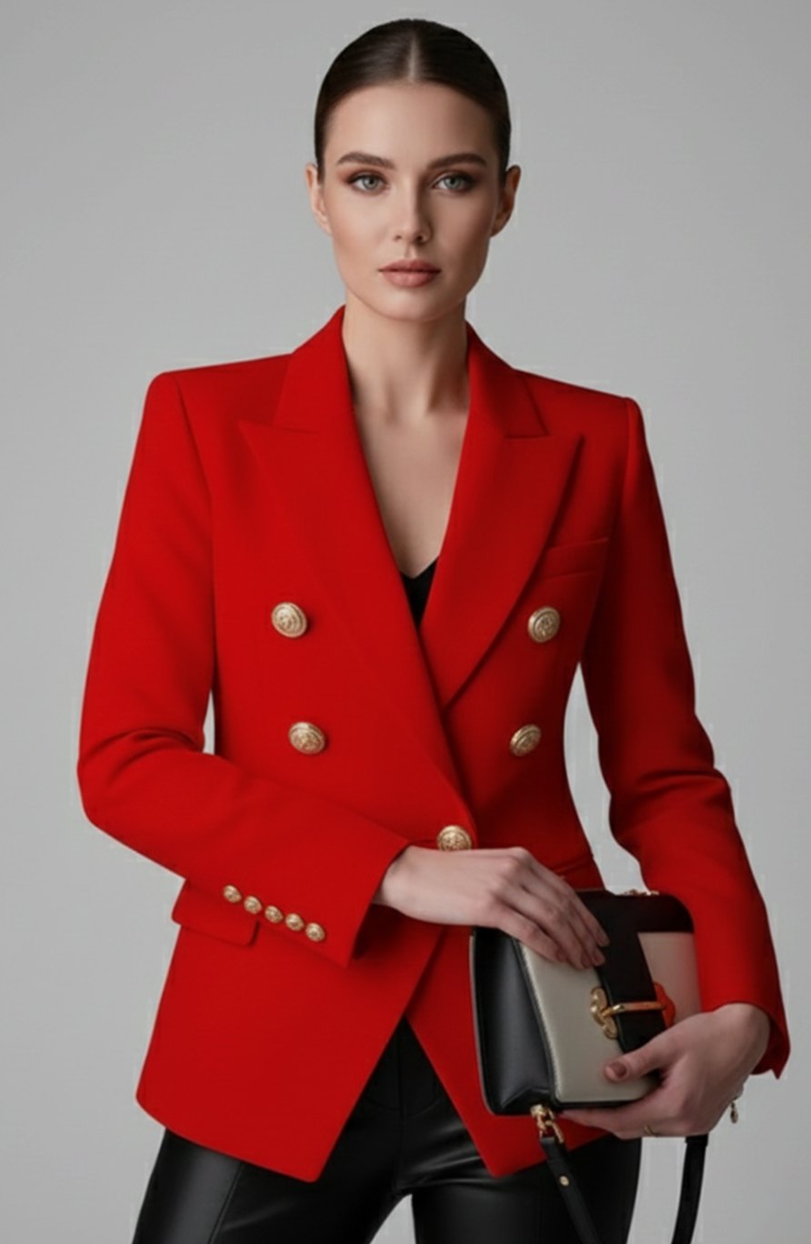 Women's Double-Breasted Gold-Tone Button Tailored Blazer - Red