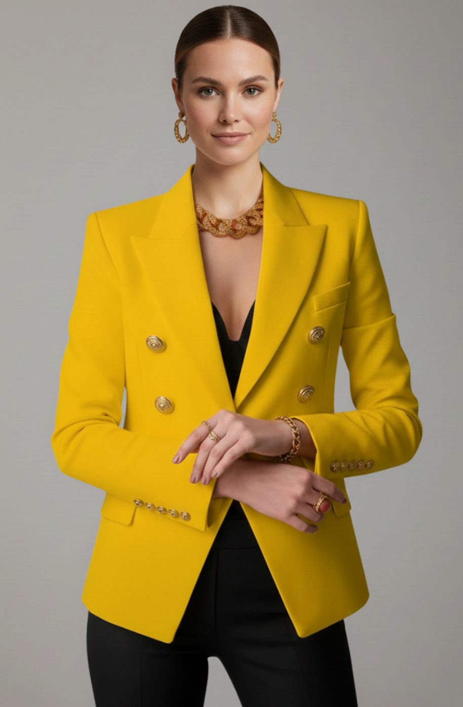 Women's Double-Breasted Gold-Tone Button Tailored Blazer - Yellow