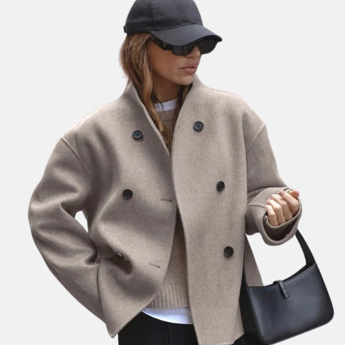Women's Double-Breasted Hip-Length Wool-Look Winter Coat - Brown