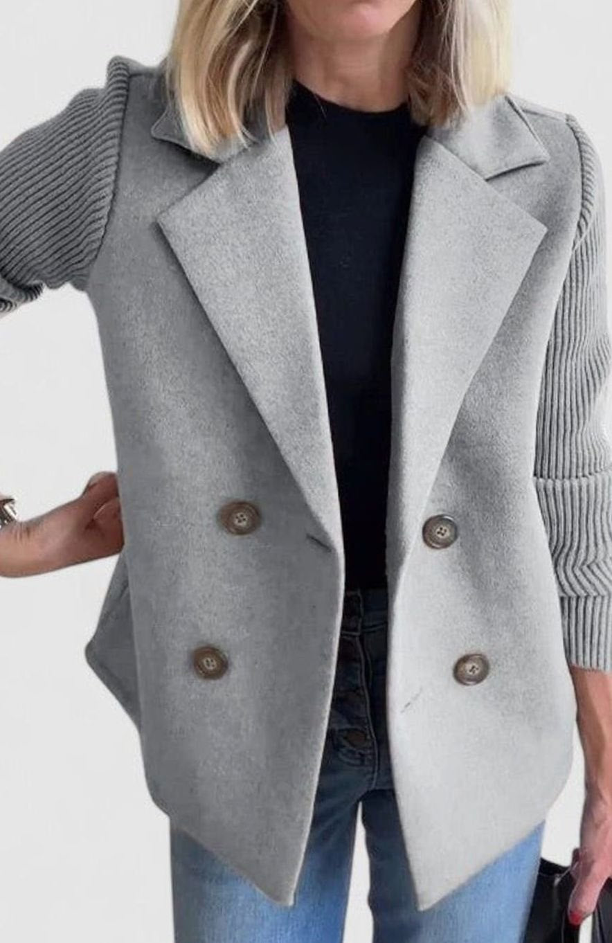 Women's Double-Breasted Knit-Sleeve Tailored Blazer - Gray
