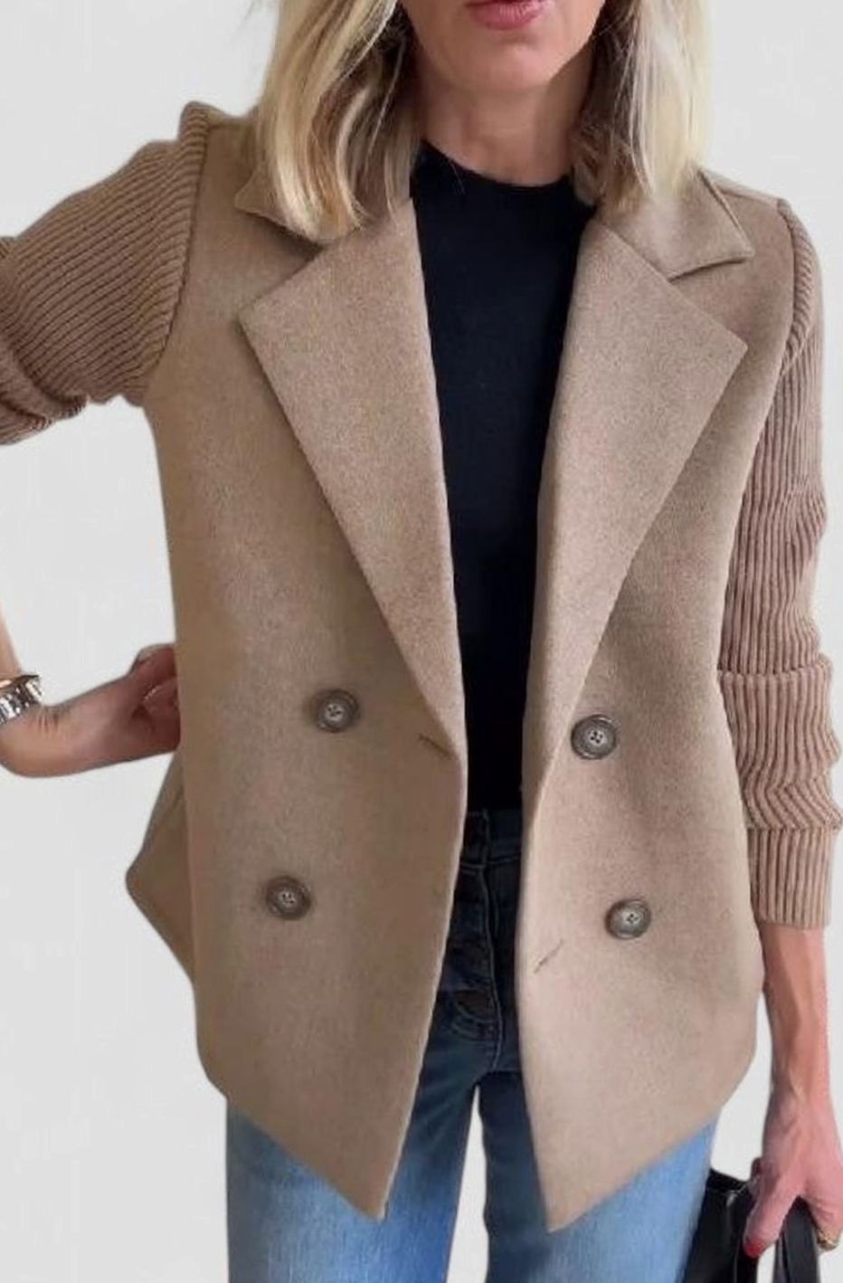 Women's Double-Breasted Knit-Sleeve Tailored Blazer - Brown