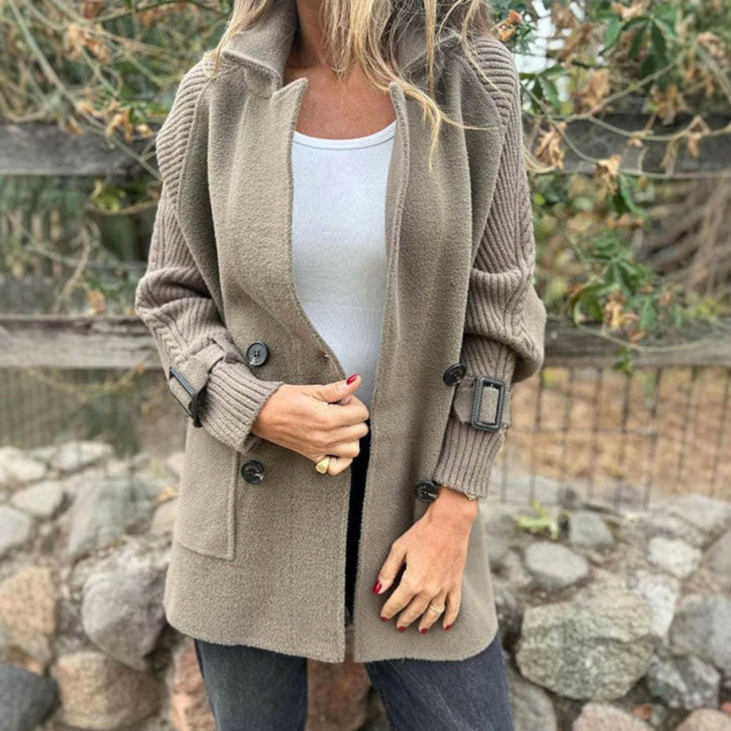 Women's Double-Breasted Knit-Sleeve Winter Coat - Taupe