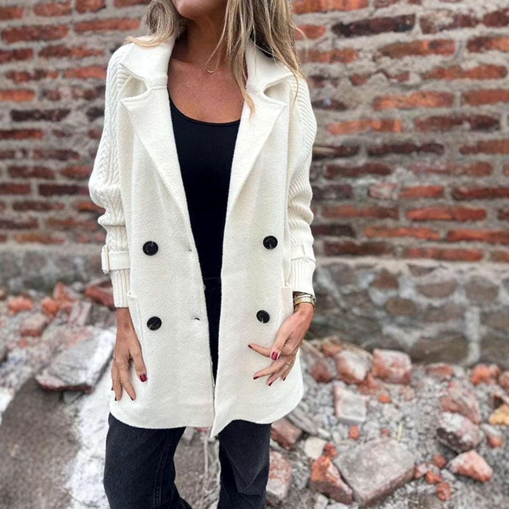 Women's Double-Breasted Knit-Sleeve Winter Coat - White