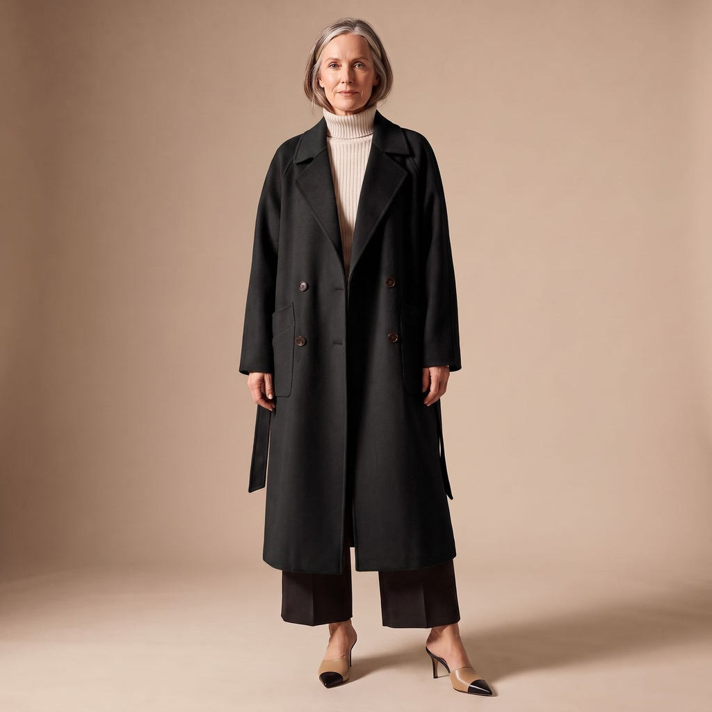 Women's Double-Breasted Long Wool-Blend Lapel Coat - Black