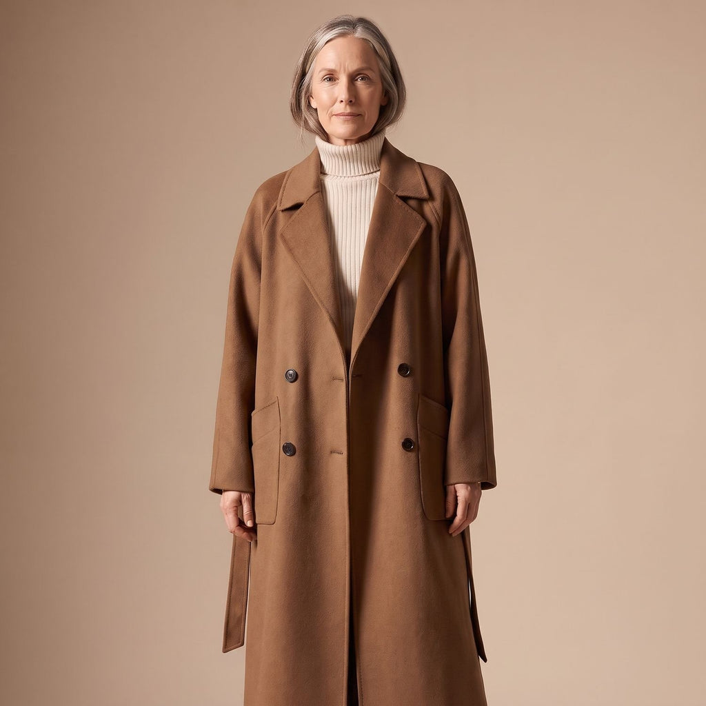 Women's Double-Breasted Long Wool-Blend Lapel Coat - Brown
