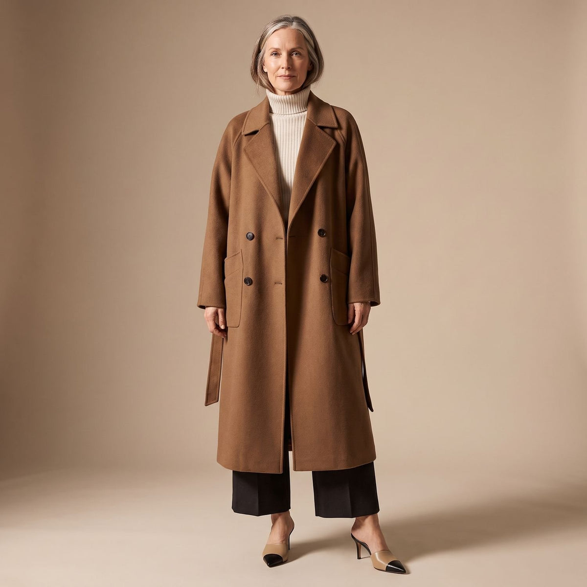 Women's Double-Breasted Long Wool-Blend Lapel Coat