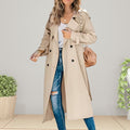 Women's Double-Breasted Longline Belted Trench Coat - Khaki