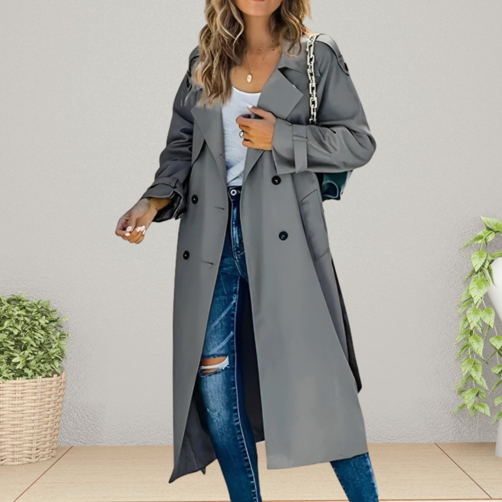 Women's Double-Breasted Longline Belted Trench Coat - Gray
