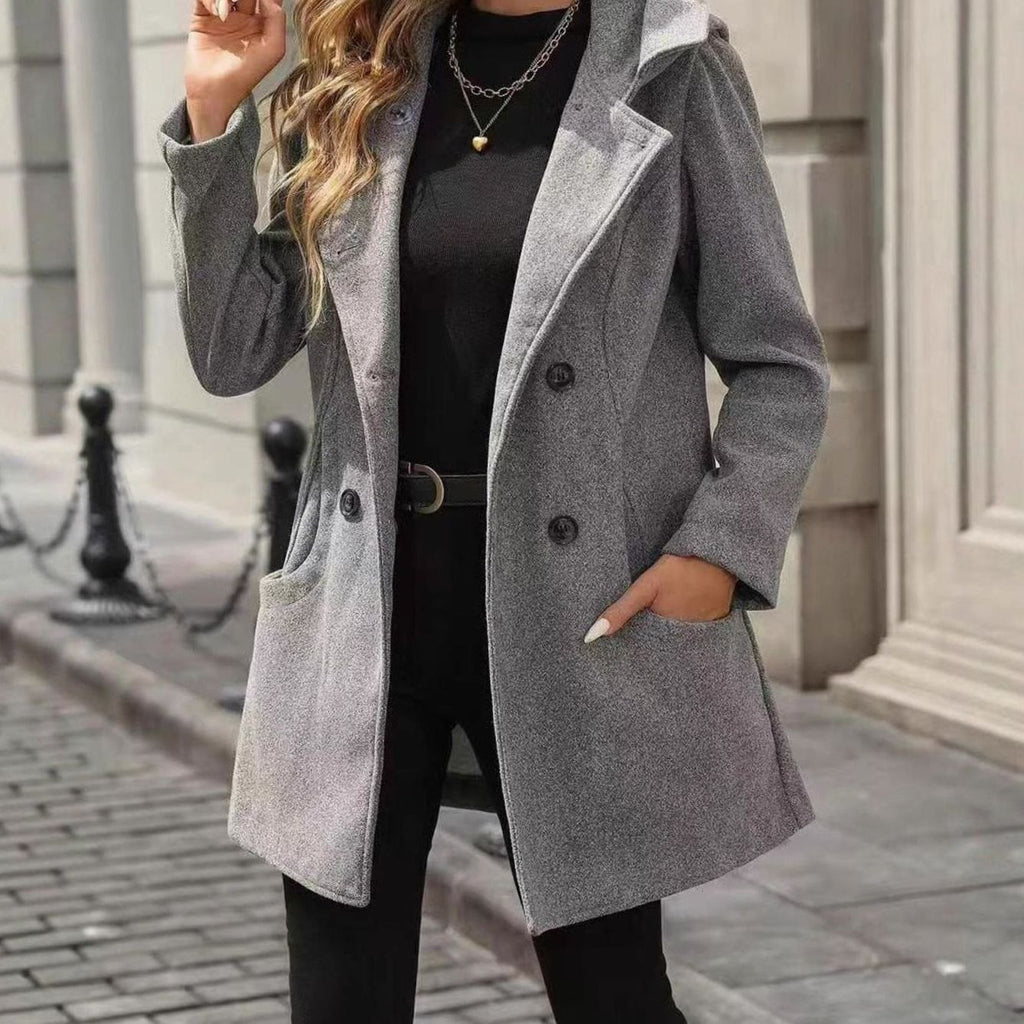 Women's Double-Breasted Notch-Lapel Wool-Blend Coat Pockets