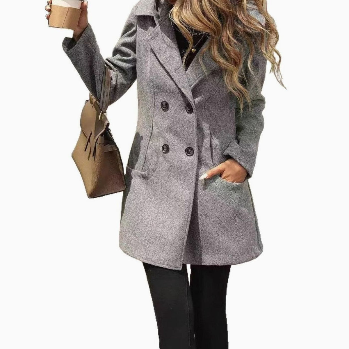 Women's Double-Breasted Notch-Lapel Wool-Blend Coat Pockets