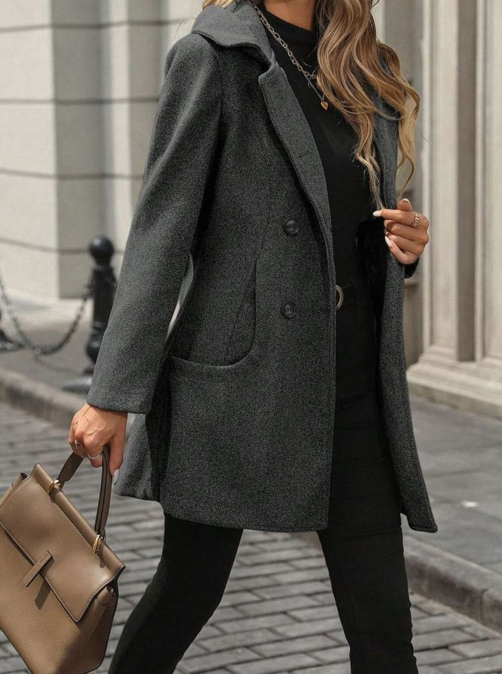 Women's Double-Breasted Notch-Lapel Wool-Blend Coat Pockets - Dark Gray