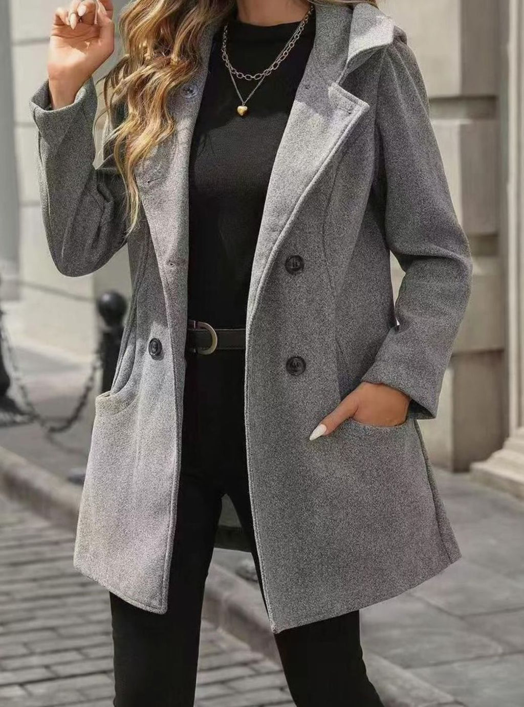 Women's Double-Breasted Notch-Lapel Wool-Blend Coat Pockets - Gray