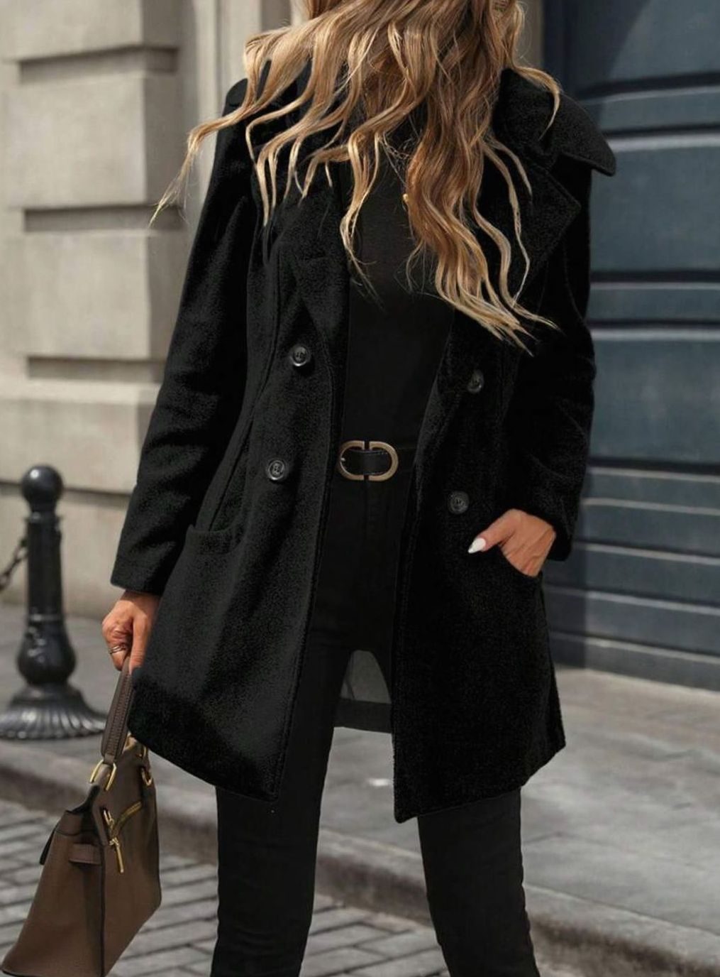 Women's Double-Breasted Notch-Lapel Wool-Blend Coat Pockets - Black