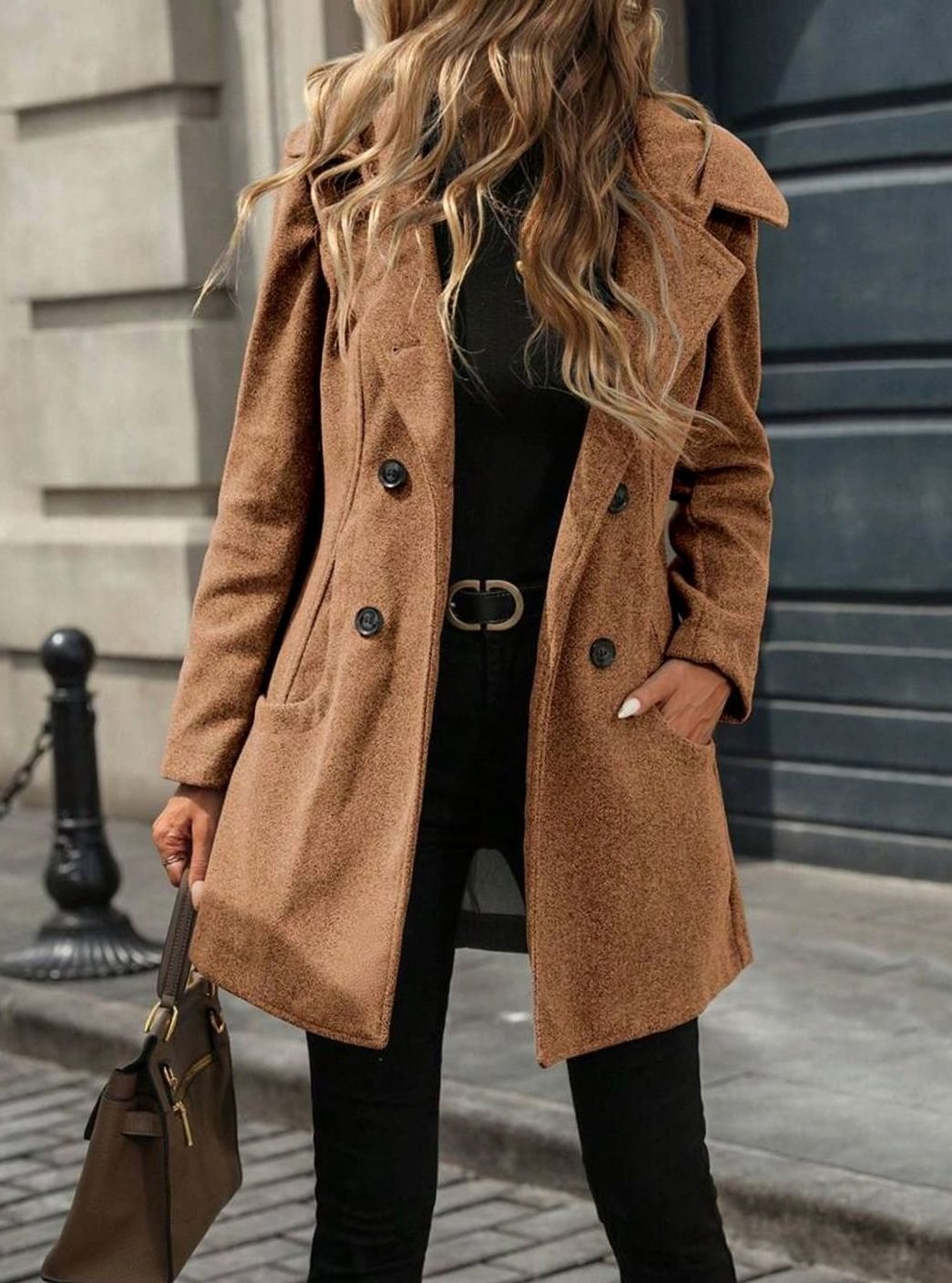Women's Double-Breasted Notch-Lapel Wool-Blend Coat Pockets - Caramel