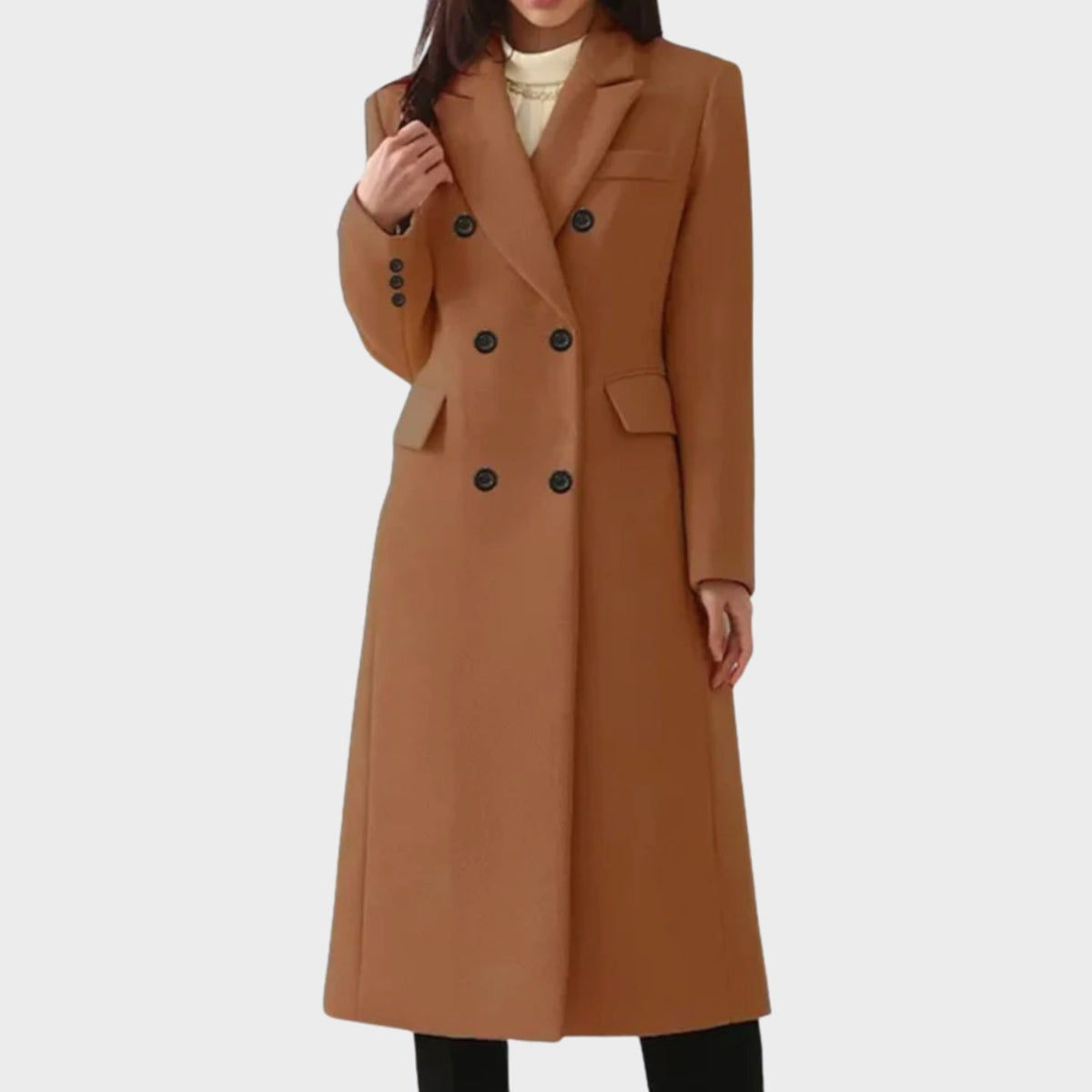 Women's Double-Breasted Notch Lapel Wool Winter Coat - Dark Brown