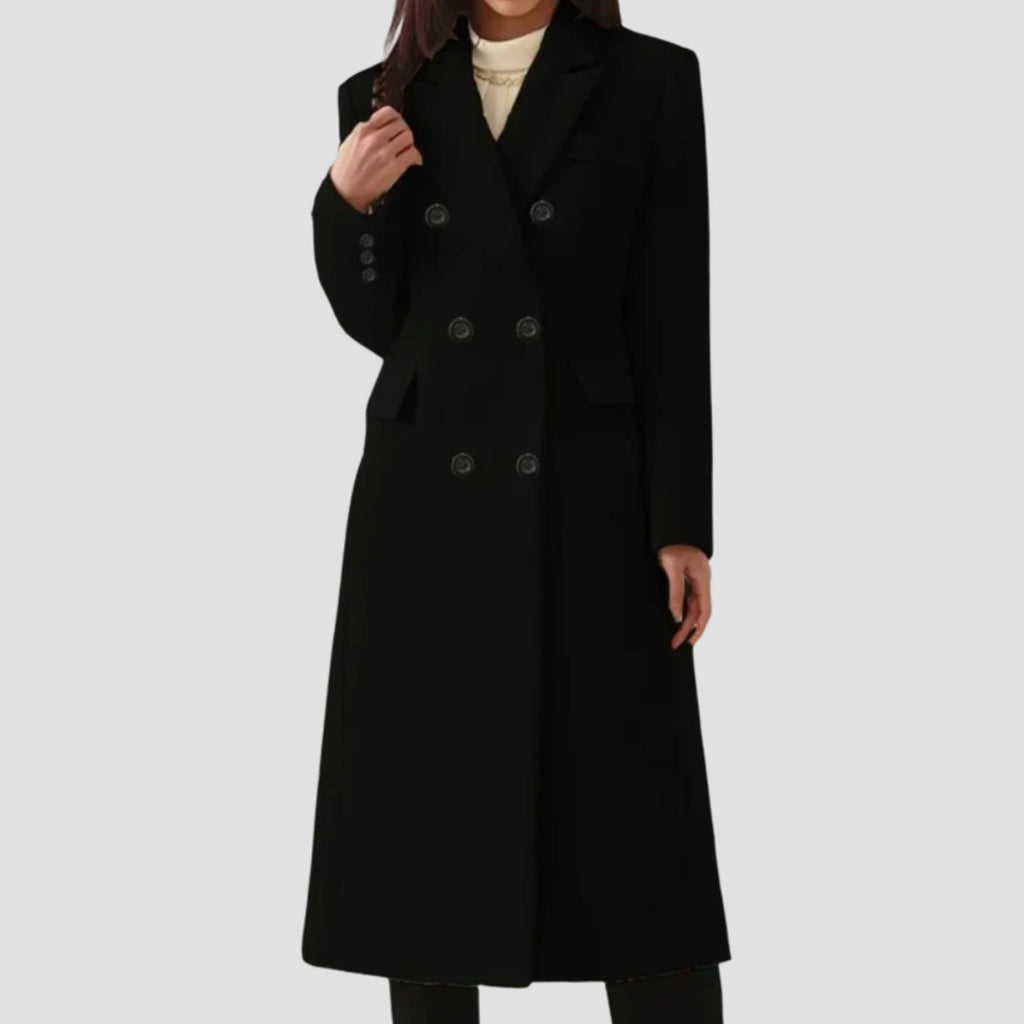 Women's Double-Breasted Notch Lapel Wool Winter Coat - Black