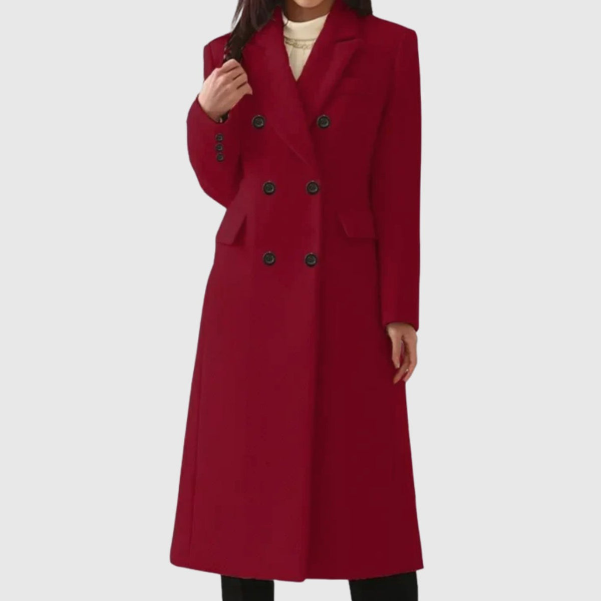 Women's Double-Breasted Notch Lapel Wool Winter Coat - Red