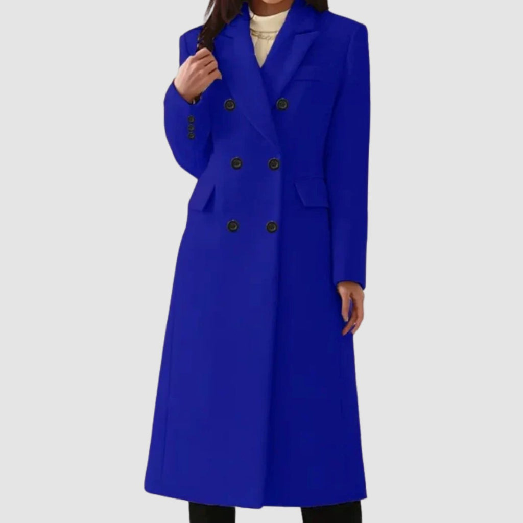 Women's Double-Breasted Notch Lapel Wool Winter Coat - Blue